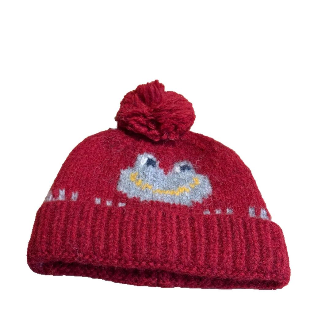 Neue Niedliche Jacquard Frosch Pelzkugel Wollmütze für Damen Modische Herbst- und Winter-Wärme-Ohrenschützer Gestrickte Mütze für Herren Pullovermütze