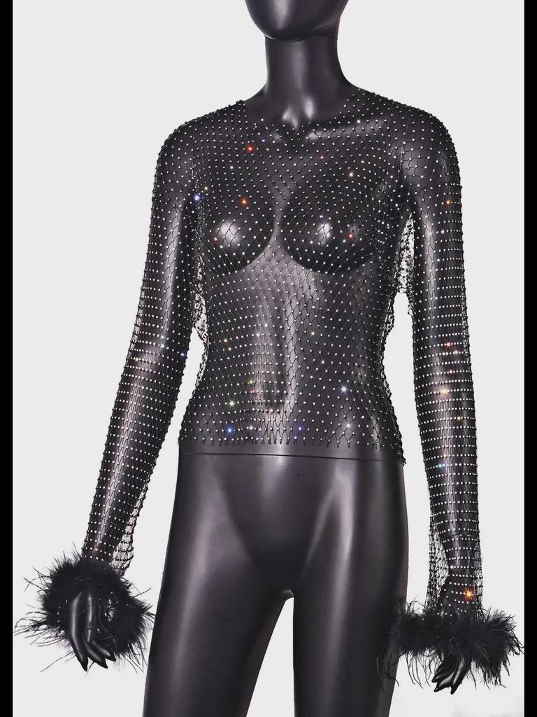 Women's Diamond Mesh Fishnet Long-Sleeve T-Shirt - Y8052