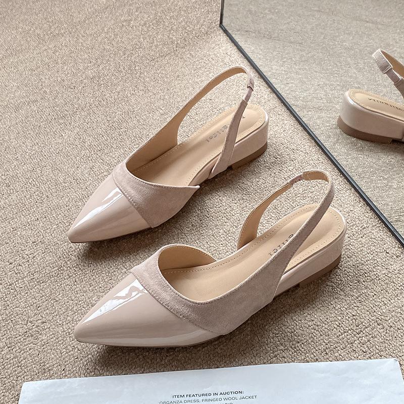 French Style Pointed Toe Low Heel Sandals Women Fashion Suede Leather Patchwork Designer Flat Shoes Elegant Side Hollow Flats 35