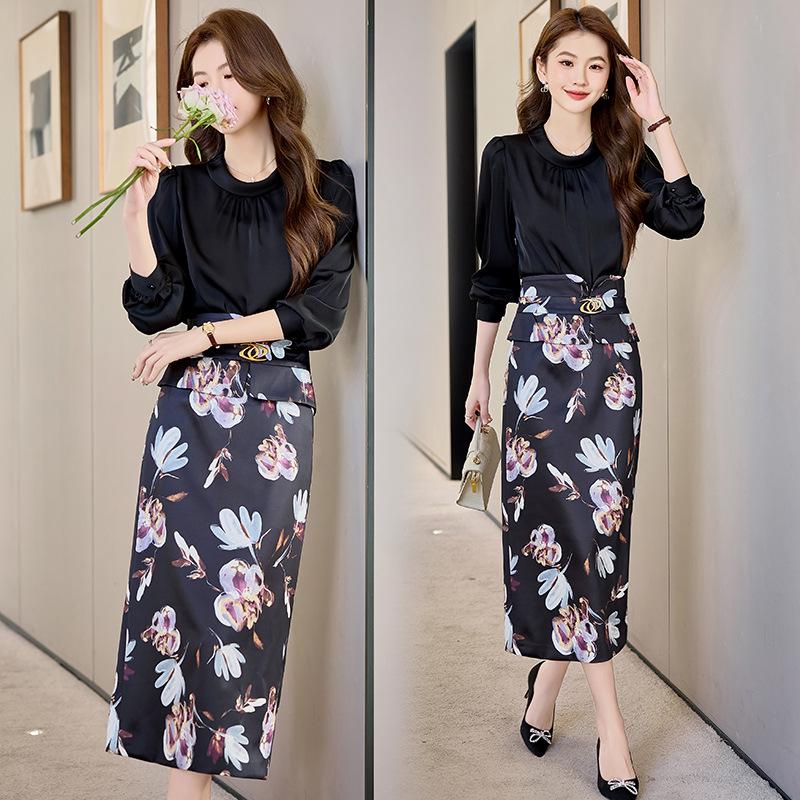 2025 Spring Fashion Slim Fit Long-Sleeve Shirt & Midi Skirt Set