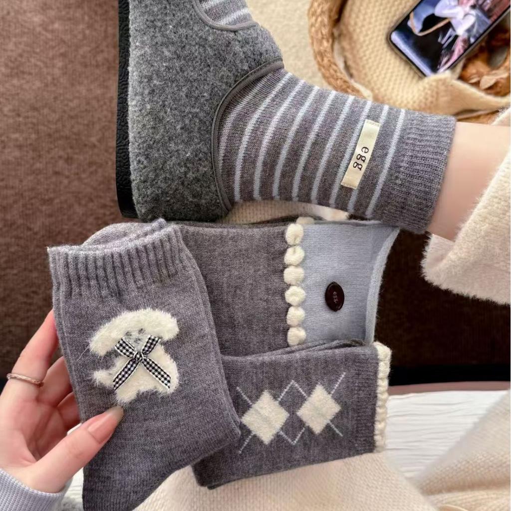 Xiaohongshu Is The Same Hot Sale! Winter Wool Socks Combination Gray Buttons Thickened Warm Pile Socks Mid-Tube Socks Socks