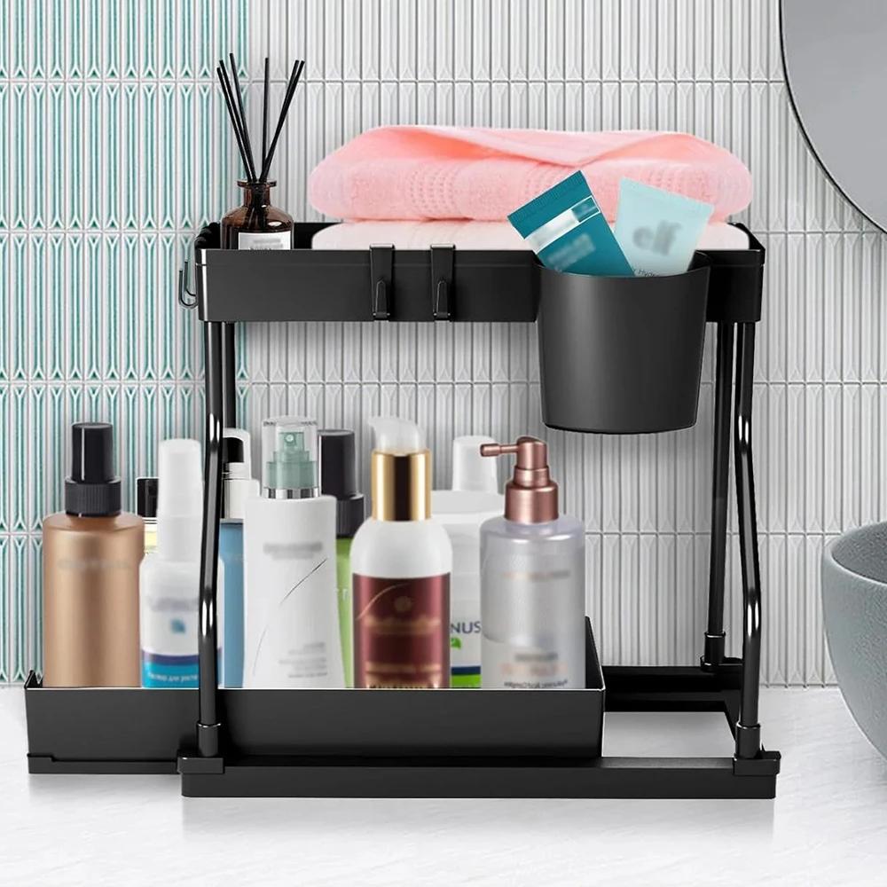 Space-Saving Organizer Shelf 2-Tier Pull-Out Storage Organizer Durable Large Capacity Drawer for Kitchen and Bathroom Essentials