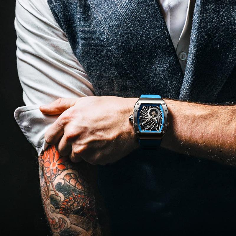 BONEST GATTI BG9902 Phantom Speed Automatic Skeleton Mechanical Watch Stainless Steel Case Rubber Strap Wristwatch for Men