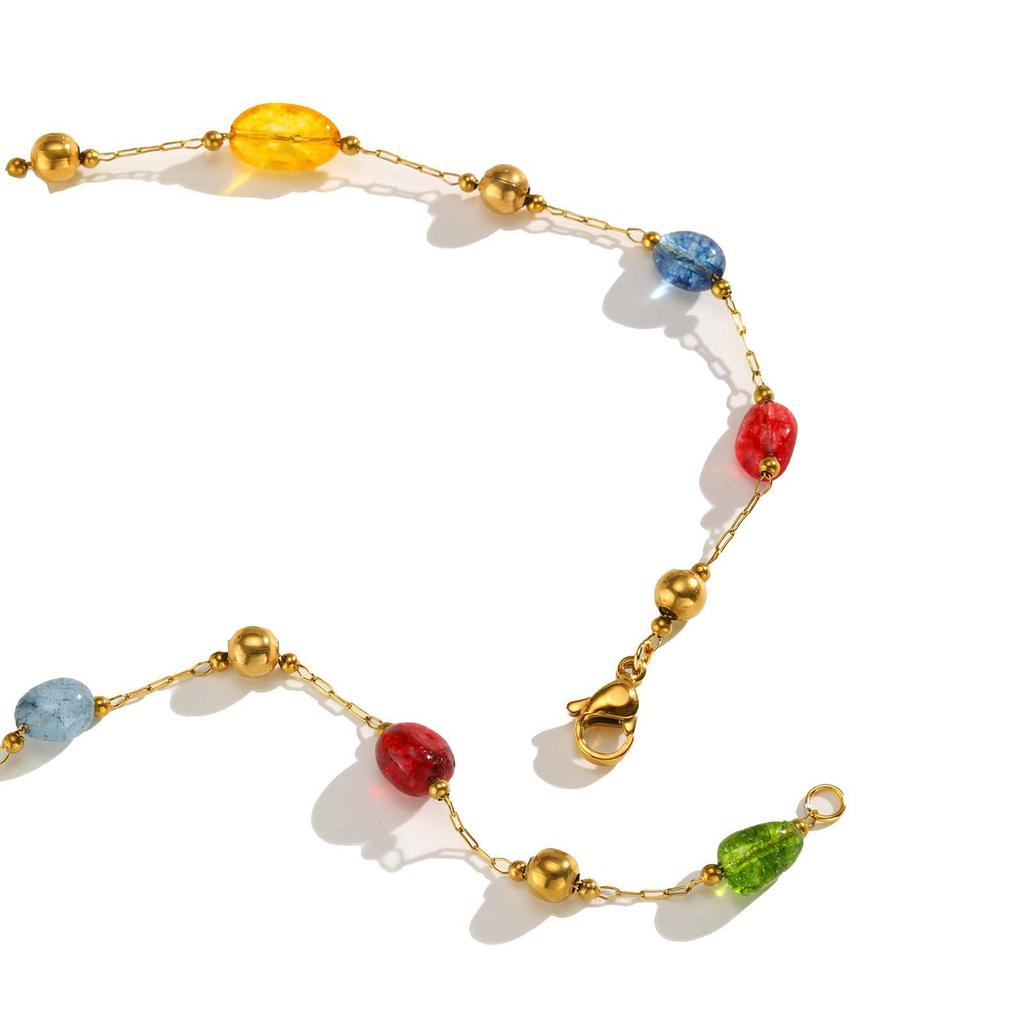 Fashion Colored Stone Y-Shaped Stainless Steel Natural Stone Gold Necklace Women'S Jewelry 2309