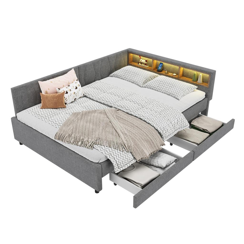 Daybed, 140x200cm, Storage Compartment On Bed, USB+Type C, With LED Light Strip, Bed with Two Drawers, Slatted Frame (without Mattress), Linen, Grey