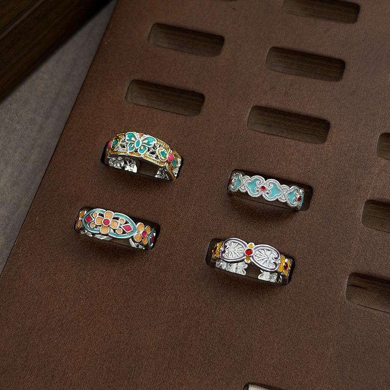 Guochao Sweet Sister Style Colored Enamel Butterfly Flower Ruyi Pattern Hollow Engraved Open Ring Female