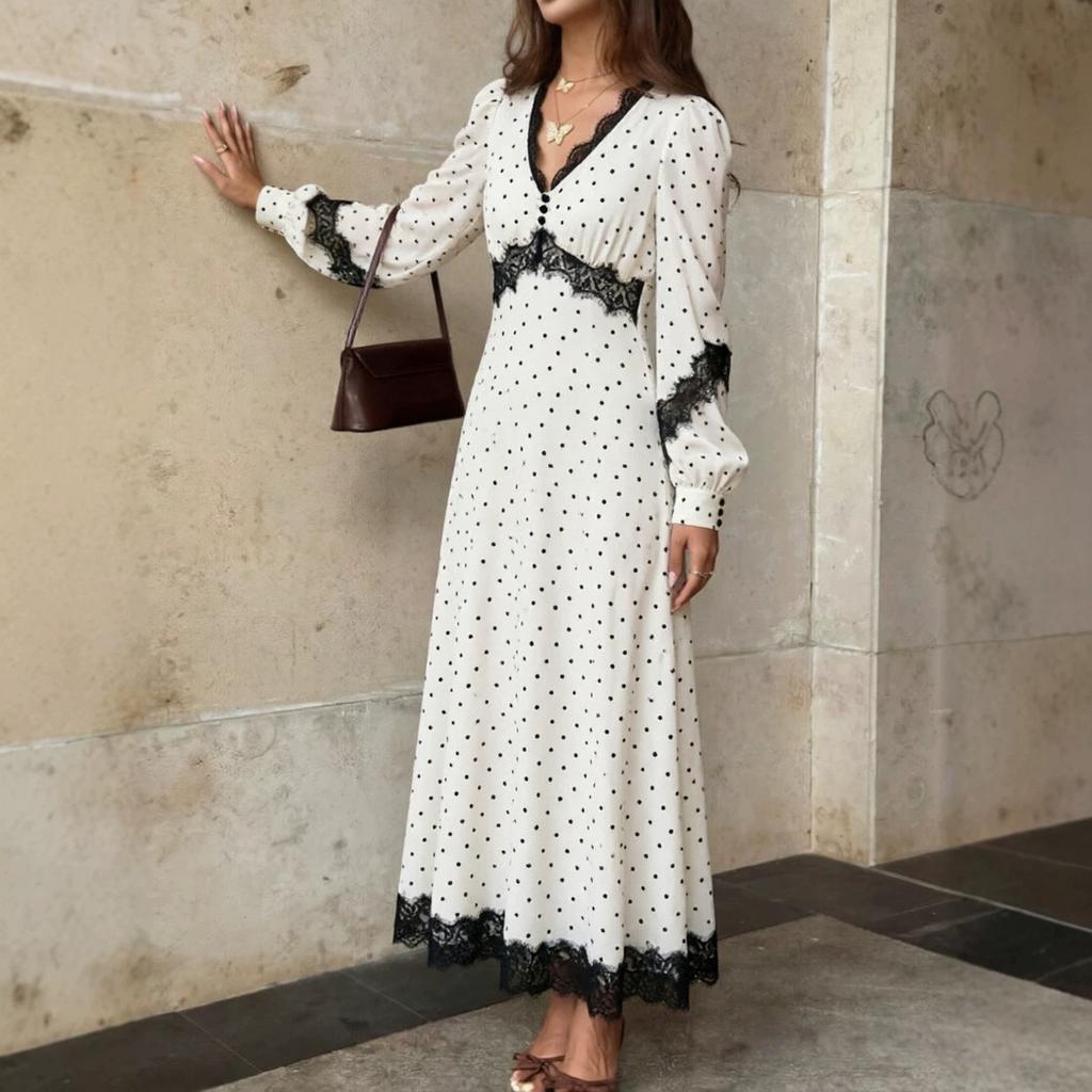 Europe and America 2026 new French retro style long dress polka dot lace splicing deep V-neck long-sleeved dress