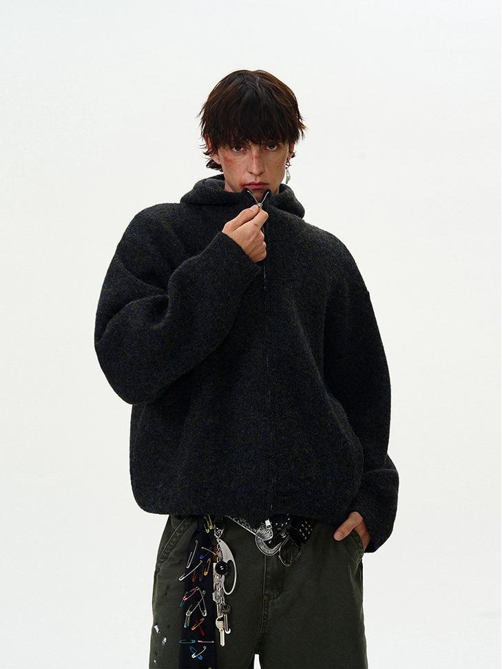 Unisex americký retro šedý kardigan s kapucí - Volný, ležérní pletený svetr na podzim/zimu