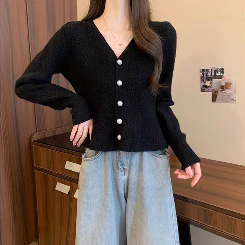 Spring Mermaid Hem Knitted Cardigan Top Women's New Korean Fashion Long Sleeved Pearl Buckle V-neck Sweater Jacket Women