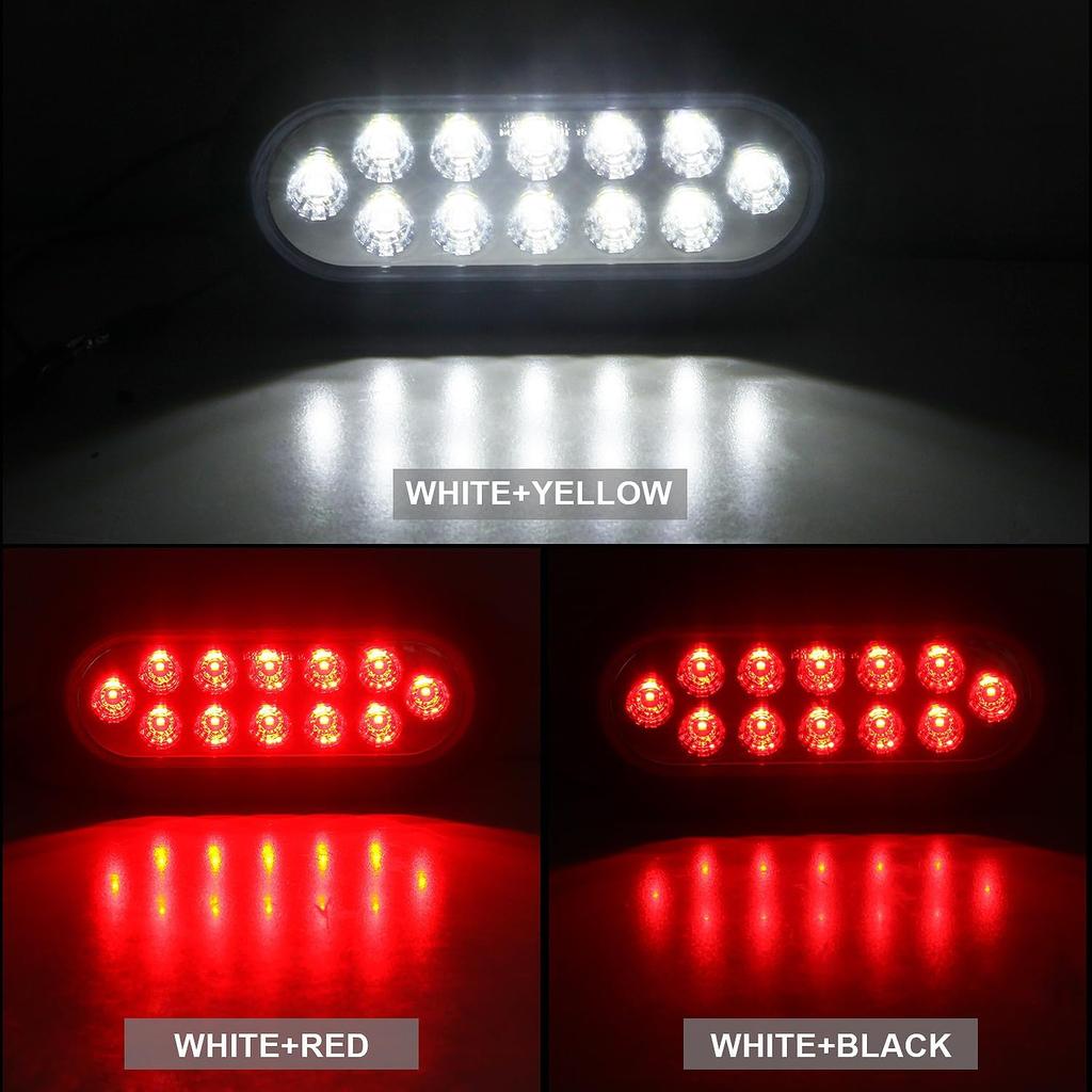 4Pcs 6" Oval Red Stop Turn Tail Lights to White Back-up Lights 12 LED, 6 Inch Round Red/White Dual Trailer Truck Tail Lights with Rubber Grommet and