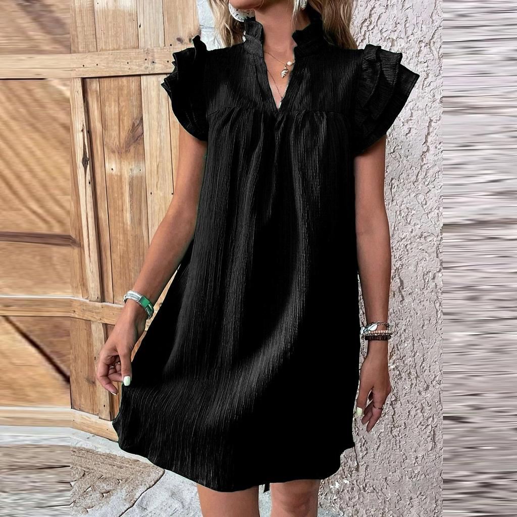 Women's Fashion Casual Solid Color V-neck Versatile Ruffle Sleeve Pullover Dress