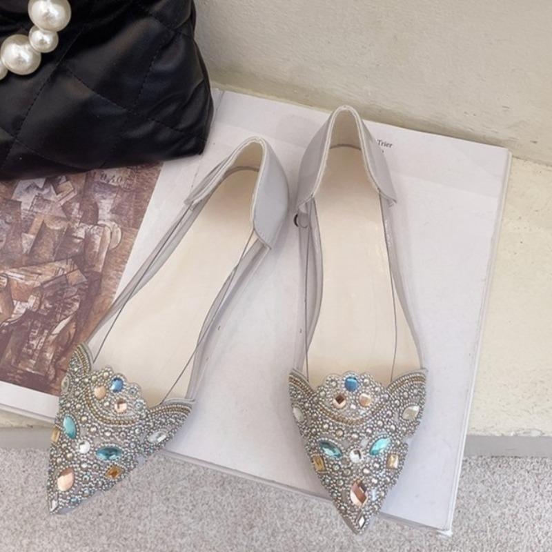 Fashion Women's Summer Rhinestone Transparent Single Shoes New Pointed Toe Shallow Mouth Slip-on Anti-Slip Wear-Resistant Flats