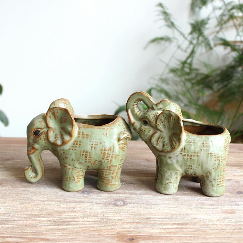 Vintage Keramiska Elefant Hantverk Sukulent Blomkruka Grön Växtkruka Plantering Hem Trädgårdsdekoration