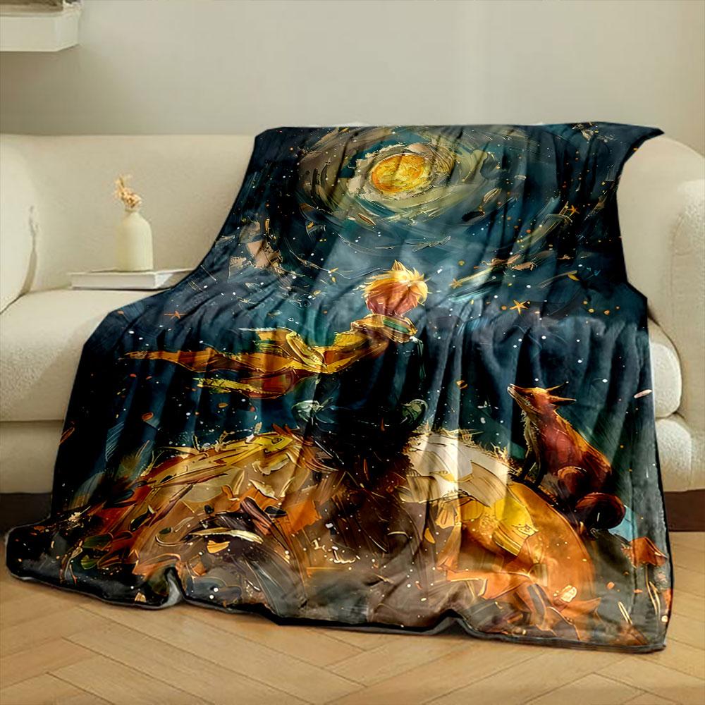 Swirling galaxy with golden moon, boy in scarf, and fox on a hill. for all seasons blanket lunch break throw gift