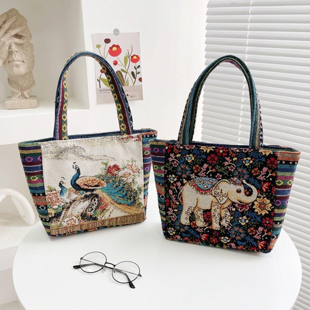 Animal Canvas Tote Bag Peacock Handbag Simple Ethnic Style Handbag  Storage Bag