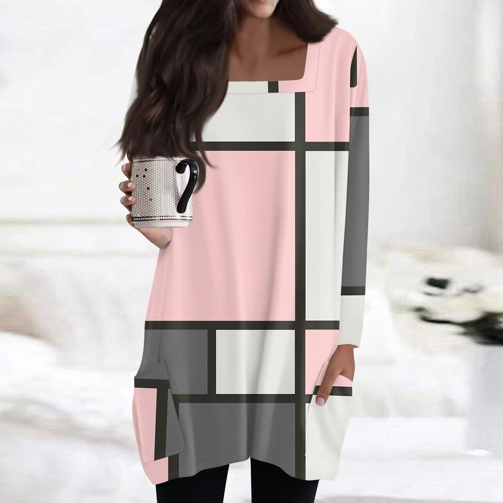 Womens Tops Square Collar Long Sleeve Blouses Casual Mid-length Shirts Fashion Print Tunic Tops With Pockets