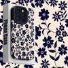 Navy Blue Retro Floral Print Phone Case Suitable for iPhone 17 16 15 14 13 12 11Pro/Max/Plus Anti Drop and Shockproof Back Cover