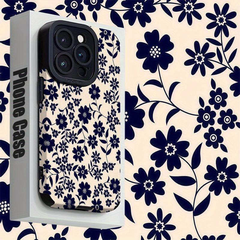Navy Blue Retro Floral Print Phone Case Suitable for iPhone 17 16 15 14 13 12 11Pro/Max/Plus Anti Drop and Shockproof Back Cover