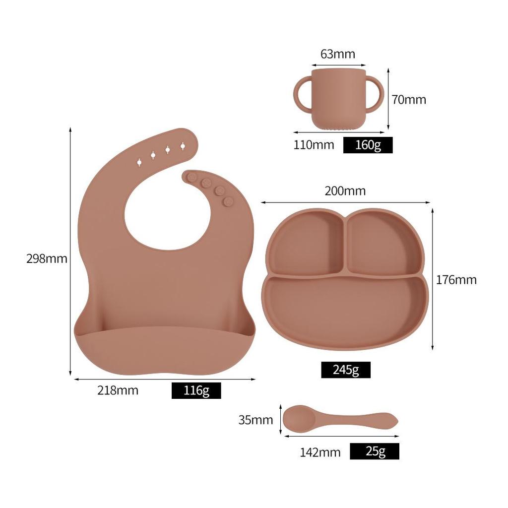 Ensemble de vaisselle pour bébé: Assiette Compartimentée en Silicone, Bavoir, Cuillère, Fourchette, Bol et Ventouse