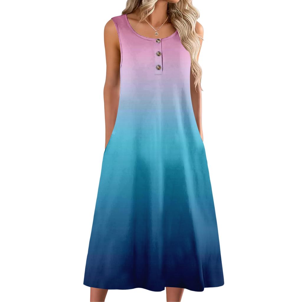 Women's fashion with pocket casual sleeveless button gradient dress