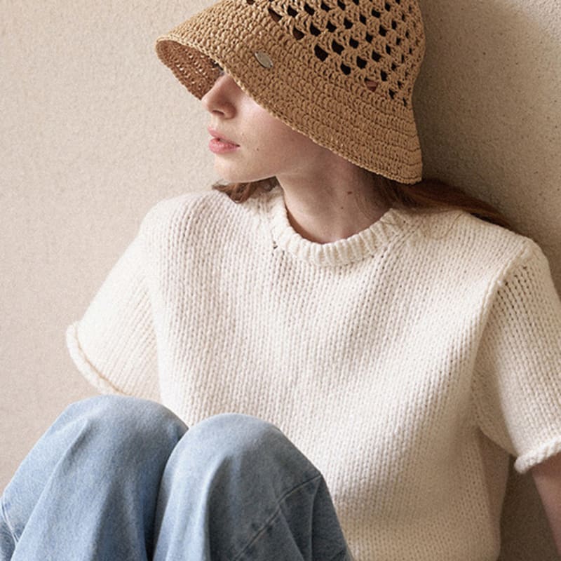 

Slowslowly Фруктовая вязаная крючком шляпа-ведро из рафии ручной работы _ Натуральный бежевый Natural Beige