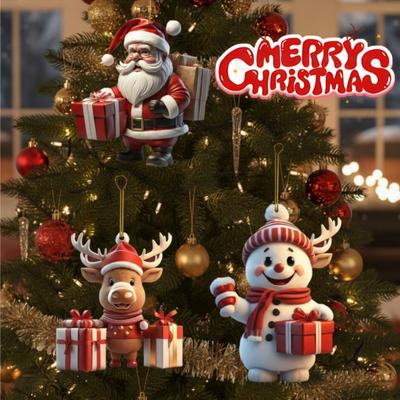 Christmas Tree Hanging Ornament Santa Snowman Car Decor 2D Flat Cartoon Style Festive Home Decoration Holiday Party Supplies