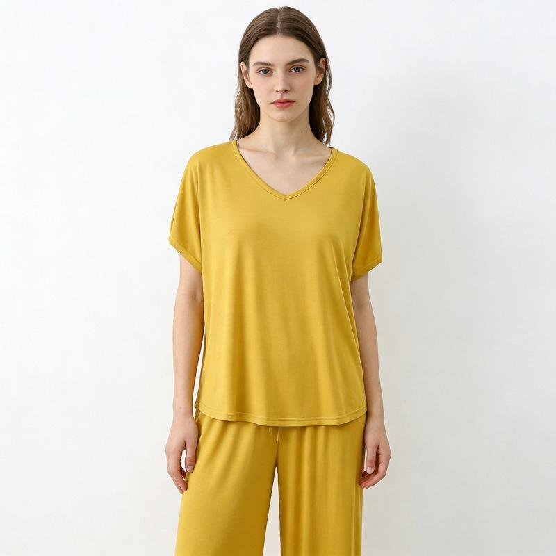 Summer Modal Homewear 2 Piece V-Neck Short Sleeve Tshirt and Wide Leg Pant Ankle Length Loose Sleepwear Set Comfort Pajama Sets
