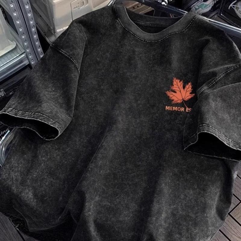 Vintage Washed Black TShirt Retro Maple Loose Casual Crewneck Tee Streetwear Style Soft Comfortable Short Sleeves for Men Women