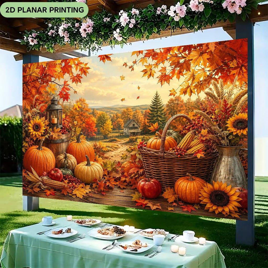 1 piece of 2D flat banner, "Autumn Harvest Scene", polyester fabric background cloth, creating a joyful atmosphere