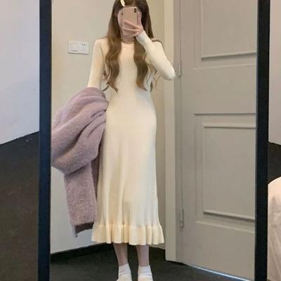 Vestido suéter femenino 2023 vestido inferior suave de alta calidad vestido de cola de pez tejido de manga larga cuello redondo vestido sólido suéter femenino