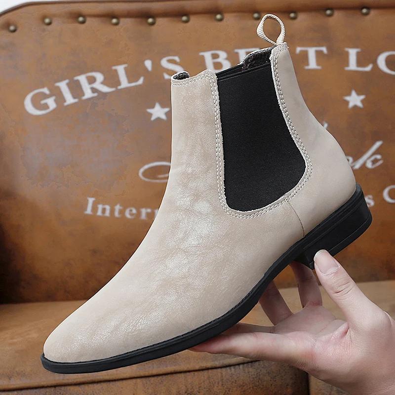 

Модные плюшевые мужские ботинки Челси из искусственной замши на низком каблуке в британском стиле с высоким голенищем, деловые повседневные ботинки, дышащие мужские ботинки больших размеров 37-48 42 бежевый