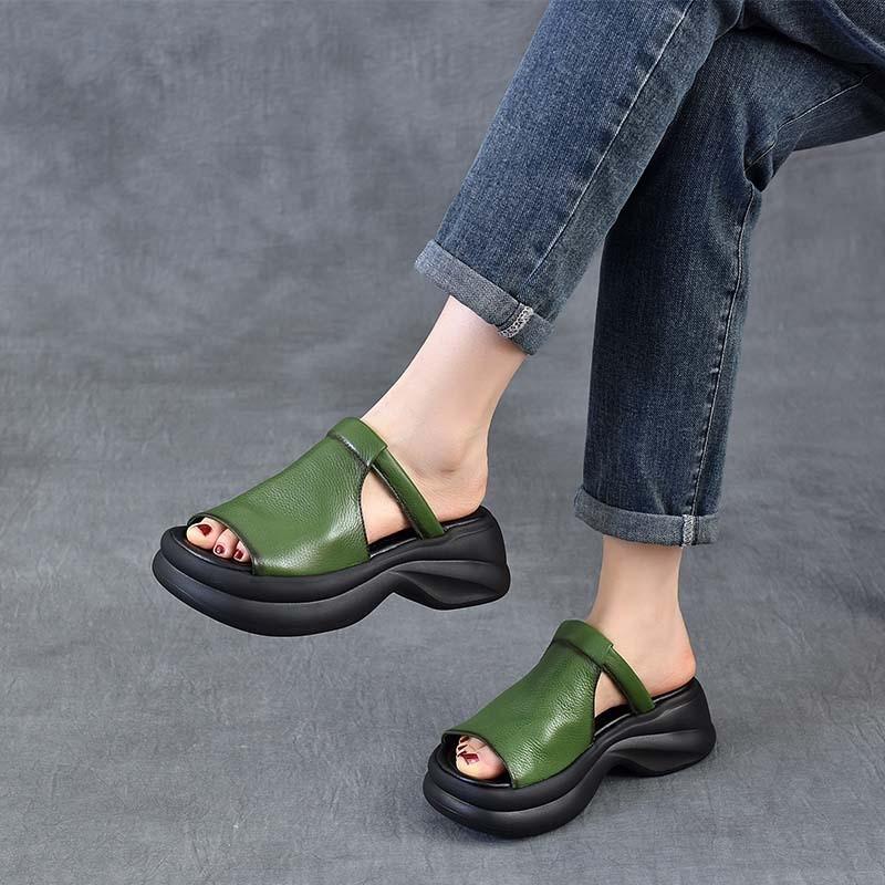 Johnature Genuine Leather Retro Thick Soled Peep Toe Outdoor Slippers Versatile Women's Slip-on Shoes