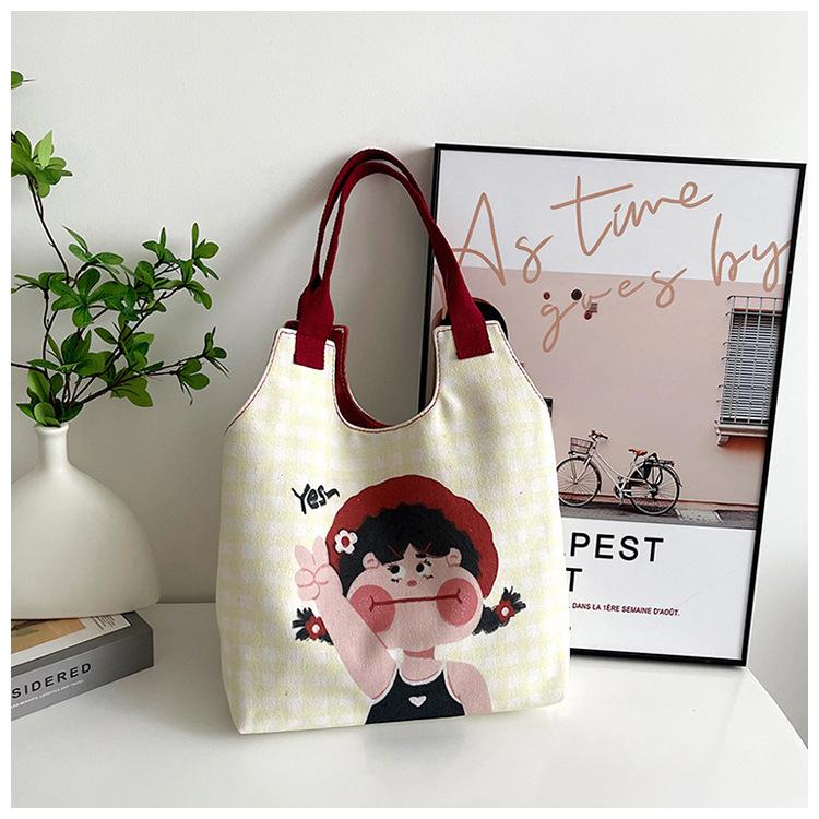 2025 Cartoon Illustration Canvas Bag Female Office Worker Large Capacity Funny Graffiti Handheld Shoulder Bag