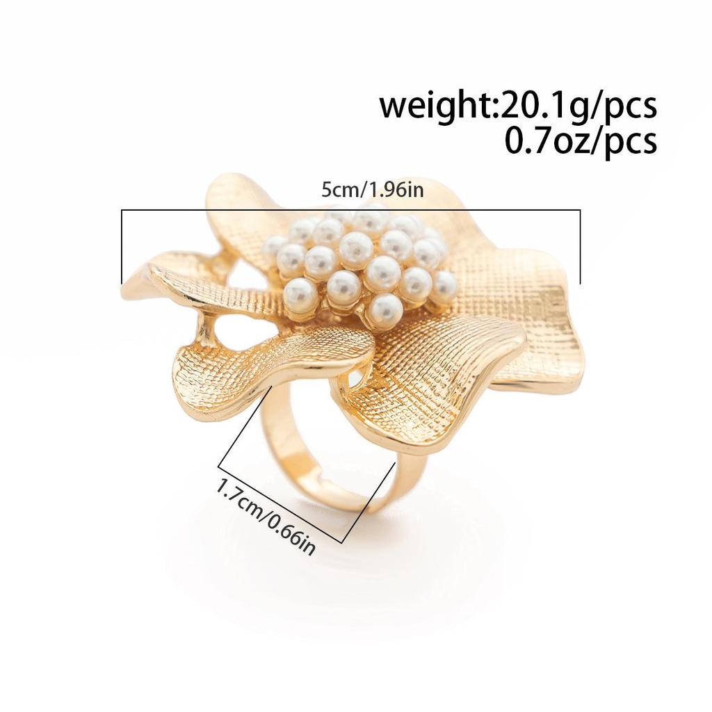 Opening Adjustable Pearl Flowers Rings Vintage Gold Silver Color Retro Exaggerated Metal Alloy Hollow Finger Ring for Women Geometric Jewelry Anillos
