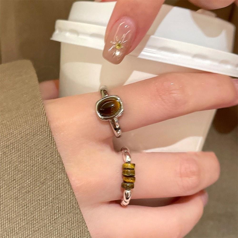Silver Opening Ring Round Oval Finger Ring Aesthetic Stone Eye Ring Gift