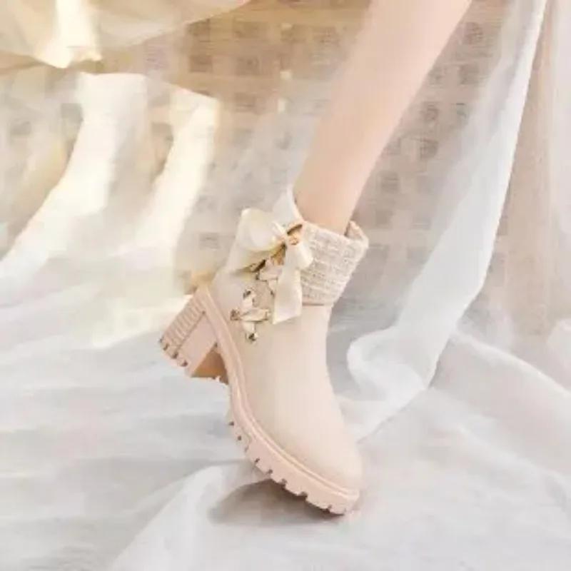 New Women Short Boots Ladies Leather Ankle Boot Autumn Platform Motorcycle Shoes for Woman's Winter Pearl Shoe