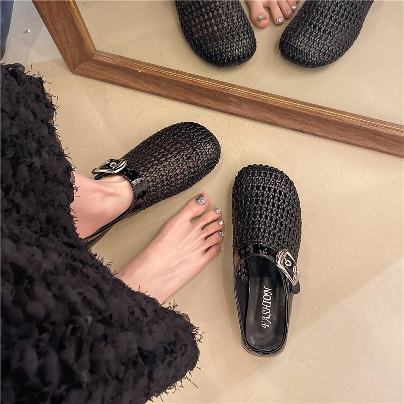 Fashion Women's Half-cup Slippers 2025 New Women Woven Hollow Roman Slippers Summer  Mules Female Shoes
