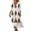 Dresses For Womens Vintage Print Tunic Waisted Midi Dress Summer Casual 3/4 Sleeve Dress