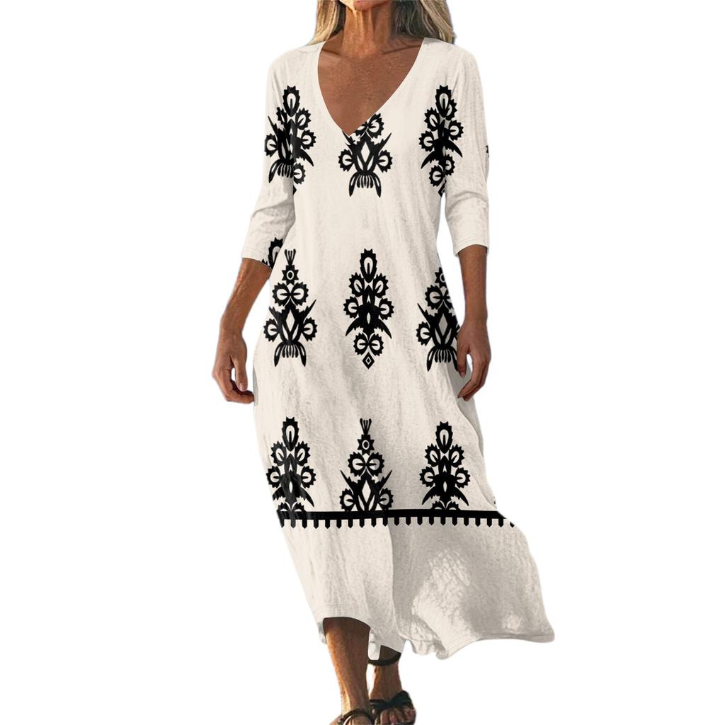 Dresses For Womens Vintage Print Tunic Waisted Midi Dress Summer Casual 3/4 Sleeve Dress
