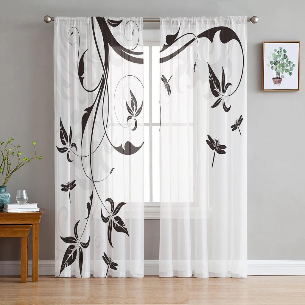 Rideaux en Tulle à motif de Branches de libellule, rideau transparent suspendu pour chambre de garçons et filles, salon et cuisine, en gaze