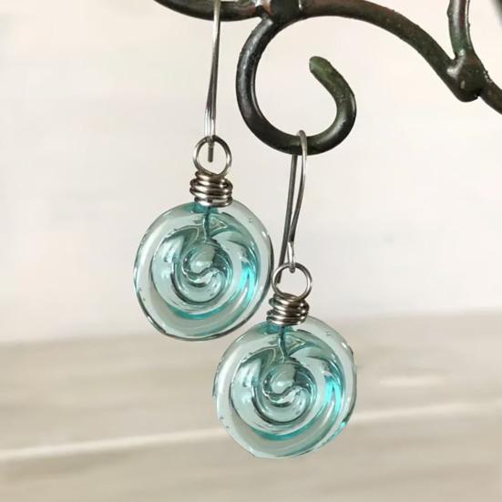 Recycled Glass Spiral Earrings Necklace Handmade Unique Depth Reflects Light Hook Earrings Pendant Necklace