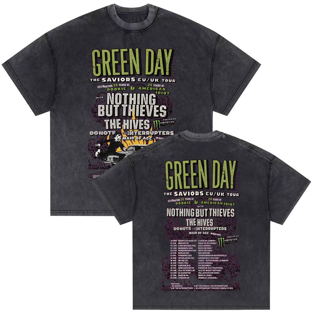 Washed Vintage Punk Band Green Day World Tour T Shirts Men Retro Gothic Rock Tshirt Male Cotton Casual Oversized Tshirts
