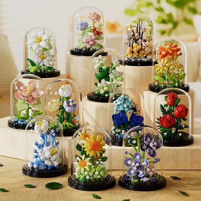 Flower Bouquet Bonsai Building Blocks Artificial Plastic Plant Dust Cover Micro Model Home Decoration Toys For Kid Birthday Gift