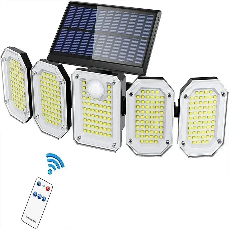 Solar Lights Outdoor Motion Sensor, 5Head Flood Lamp with Remote Control, 300° Wide Angle Security Light for Yard Patio Garden