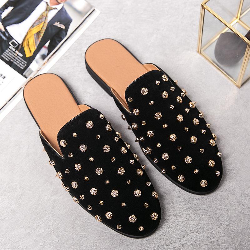 Halbziehhschuhe Sommer Britische Nieten Spitze Herren Hausschuhe Fauler Überzug Leder