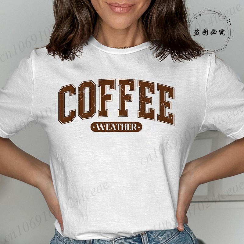 

Coffee Weather Retro Letters Tshirt for Women Short Sleeve Round Neck Loose Large Size Casual Top Oversized TShirts Clothing S