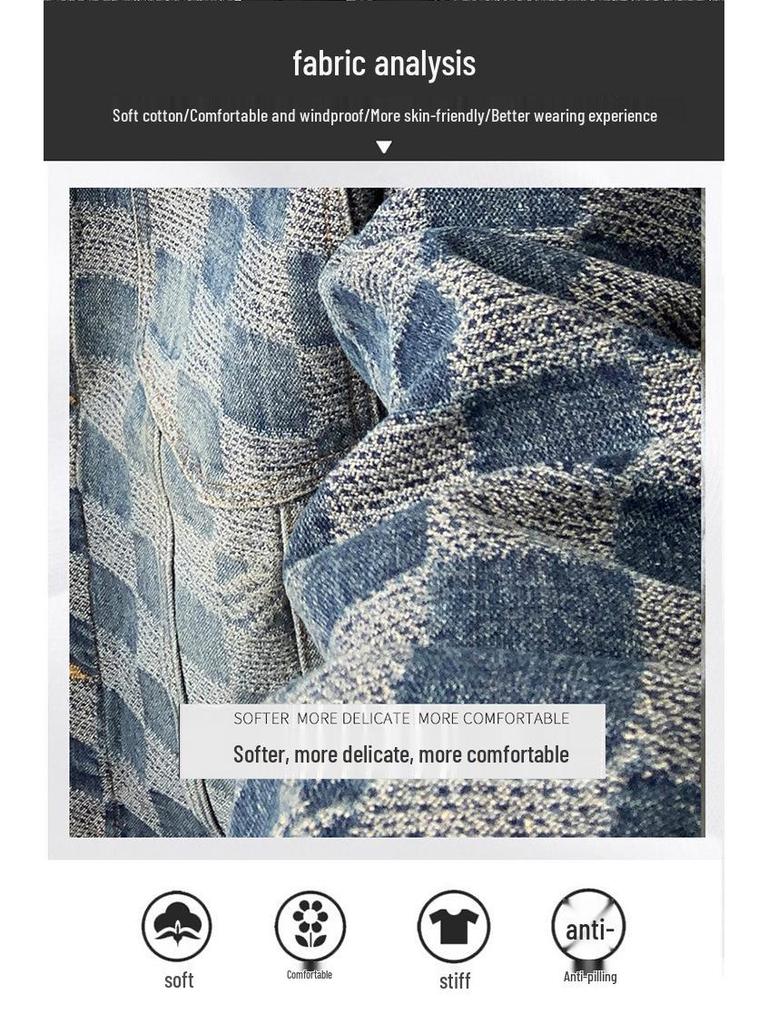 Checkered Light Luxury Unisex Denim Jacket for Spring & Autumn