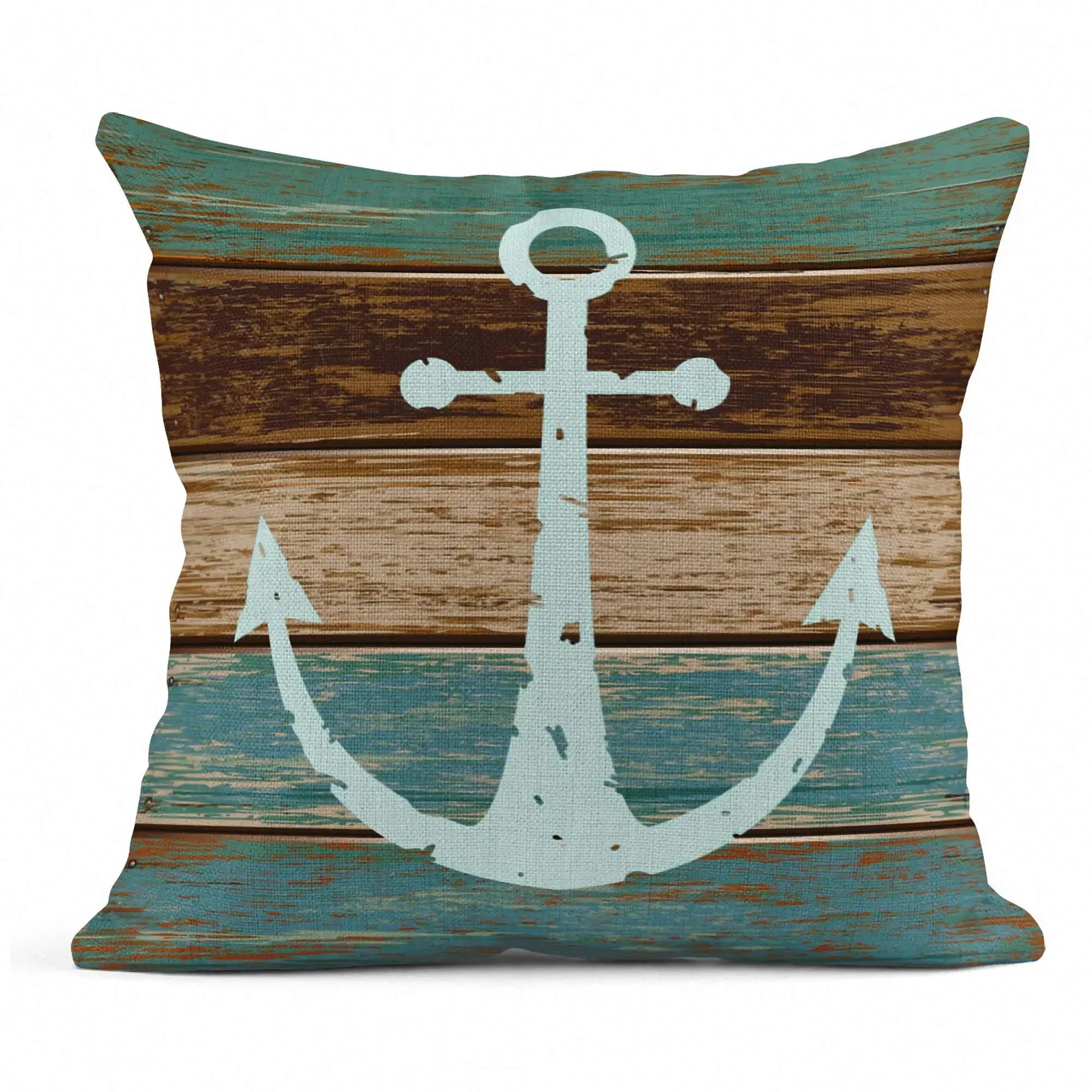 

Wood grain marine anchor cyan linen pillowcase sofa cushion cover home decoration can be customized for you LK-- , 30x30cm