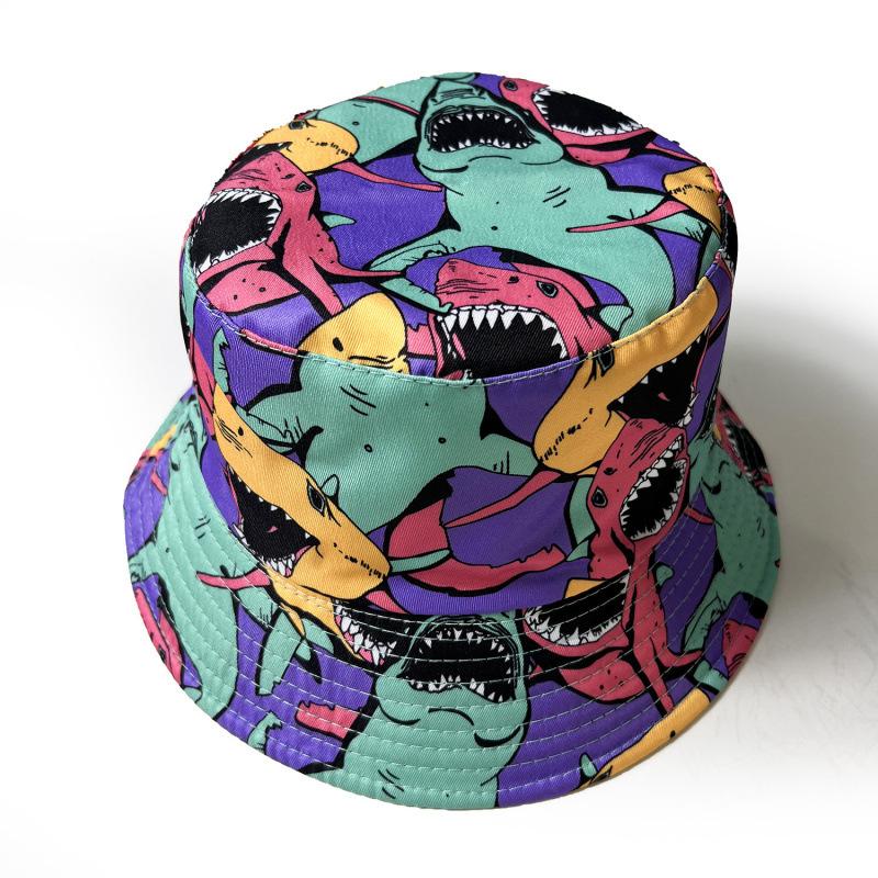 Vintage Fashion Retro Pattern Shark Print Bucket Hat Women's Outdoor Sun Hat Double-sided Can Wear Pot Hat