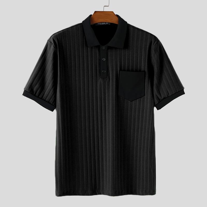 

INCERUN Men Turn-down Collar Short Sleeve Stitching Rib Casual T-shirts Tops M